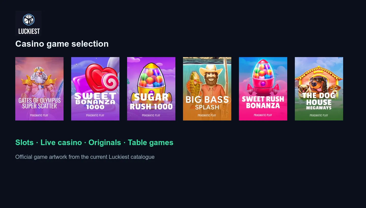 Oficiální herní katalog kasina Luckiest s automaty a tituly živého kasina