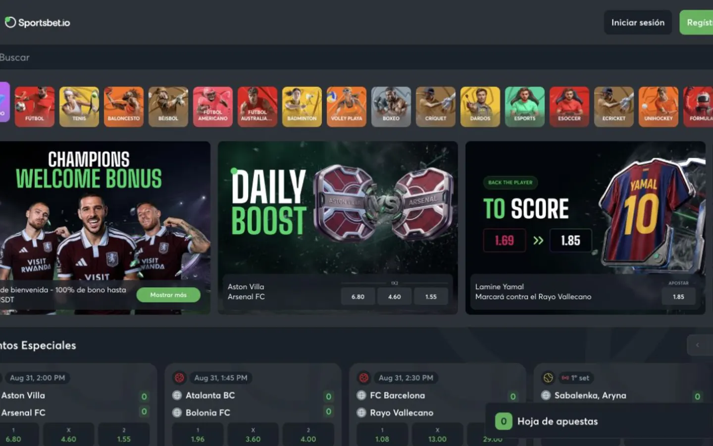 Druhá oficiální obrazovka Sportsbet.io s podrobnostmi o produktu, účtu nebo platbách