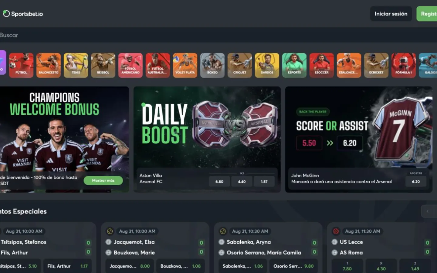Oficiální rozhraní Sportsbet.io zobrazené v české recenzi krypto kasina