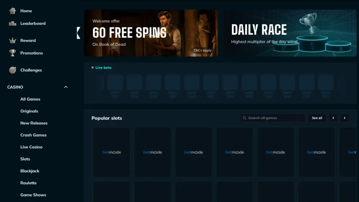Oficiální lobby Betmode s odměnami, automaty, vlastními hrami a sportovními trhy
