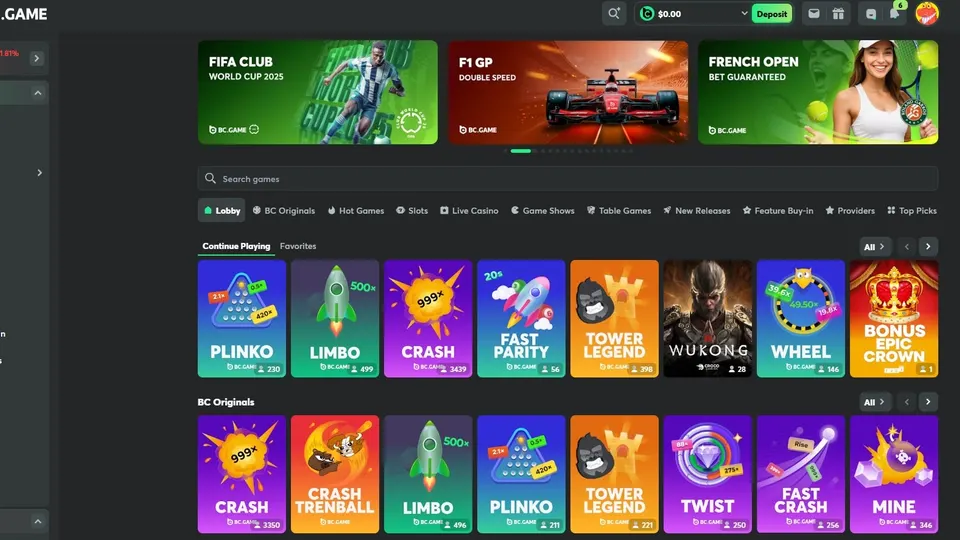BC.Game lobby s ověřitelně férovými vlastními hrami, automaty a sportovními sázkami