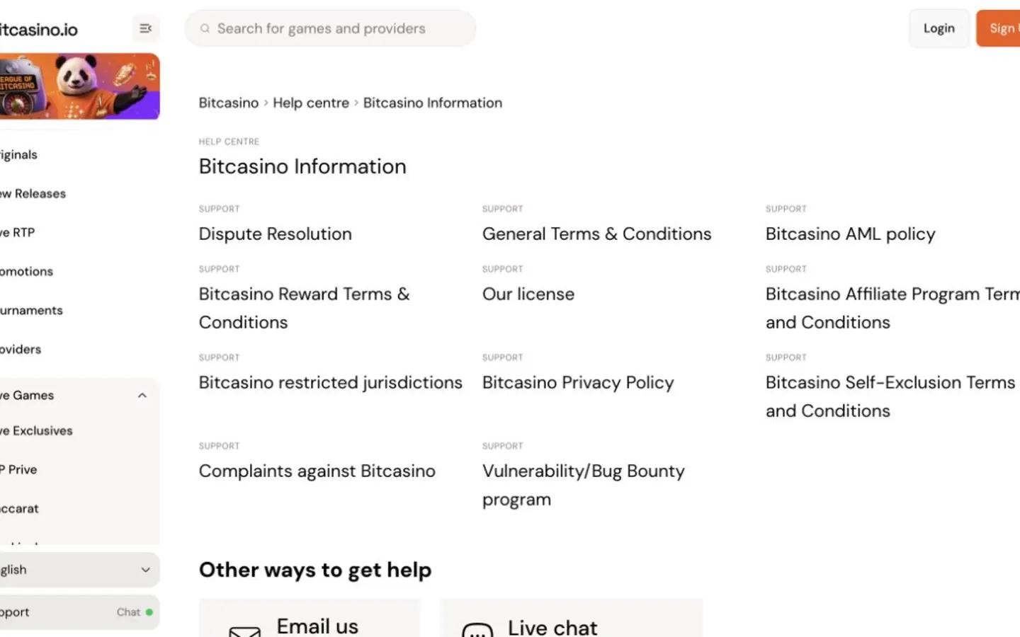 Druhá oficiální obrazovka Bitcasino.io s podrobnostmi o produktu, účtu nebo platbách