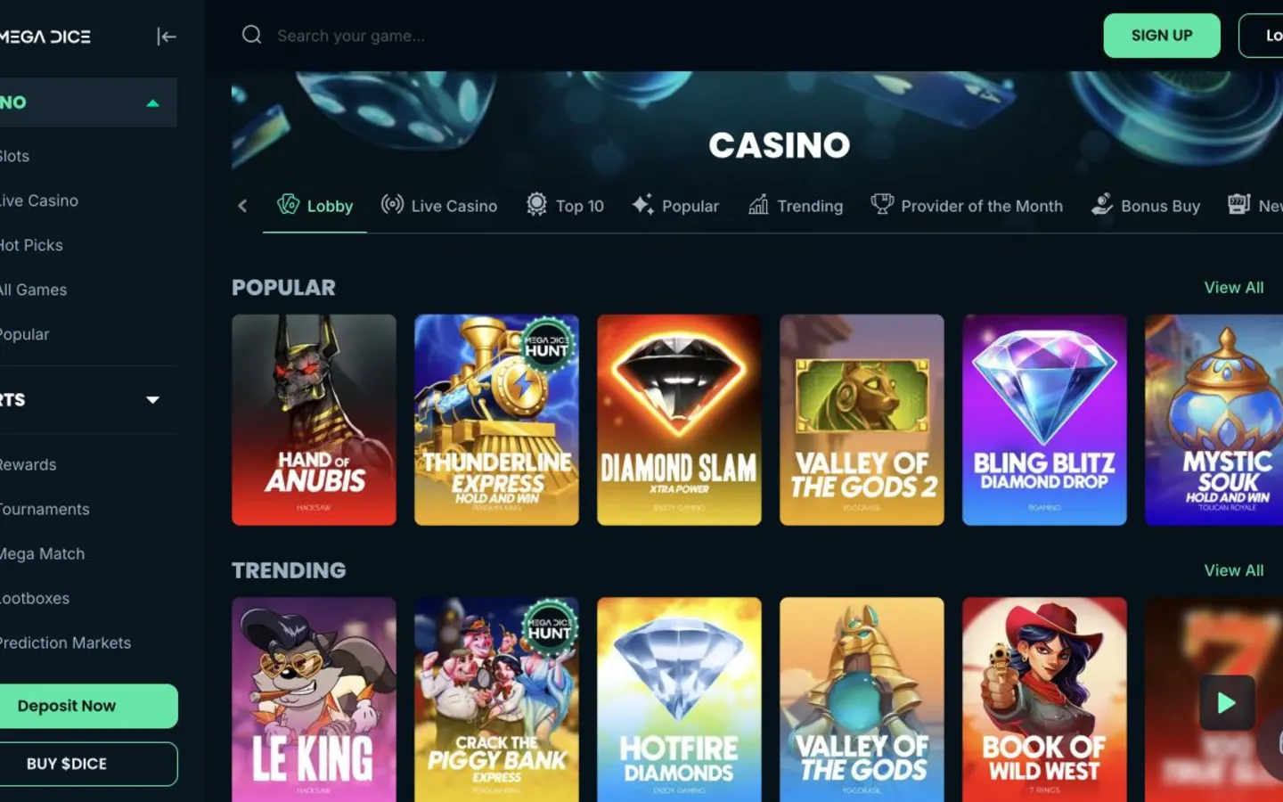 Oficiální rozhraní Mega Dice zobrazené v české recenzi krypto kasina