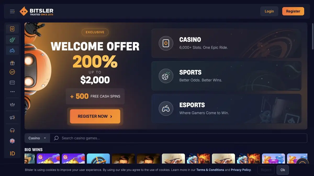 Oficiální lobby Bitsler s kasinem, sportsbookem, esportem a kryptoměnovou uvítací nabídkou