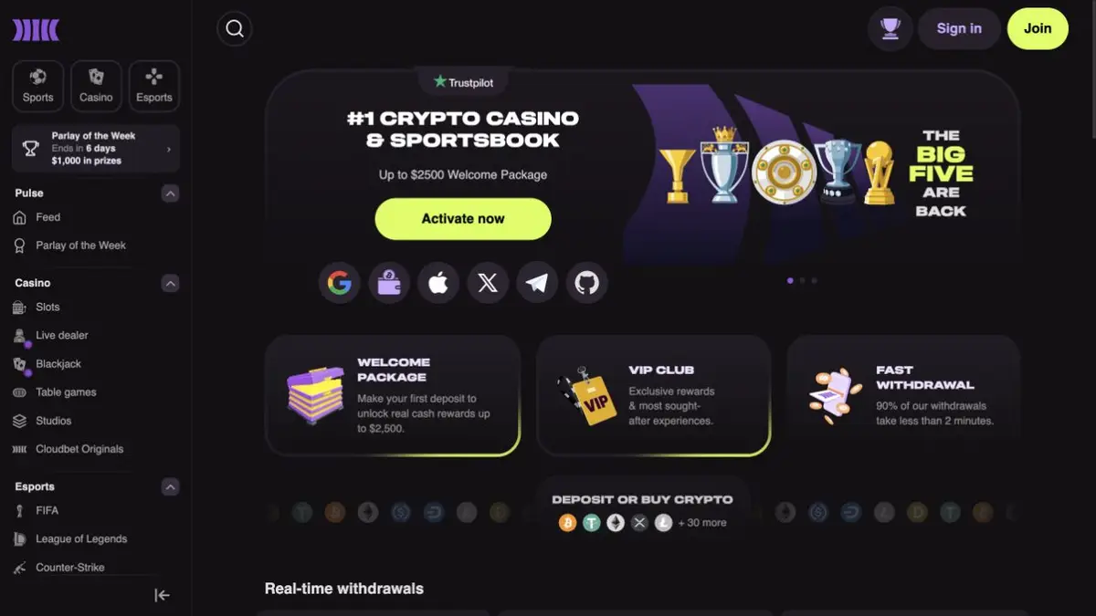 Oficiální rozhraní Cloudbet se sportsbookem, live sázkami a kasino lobby