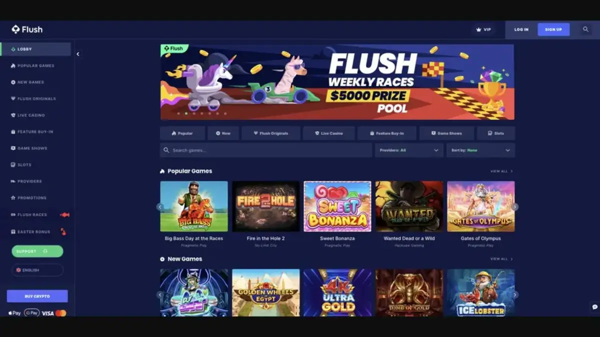 Oficiální Flush lobby s automaty, živým kasinem, sportem a kryptoměnovou pokladnou