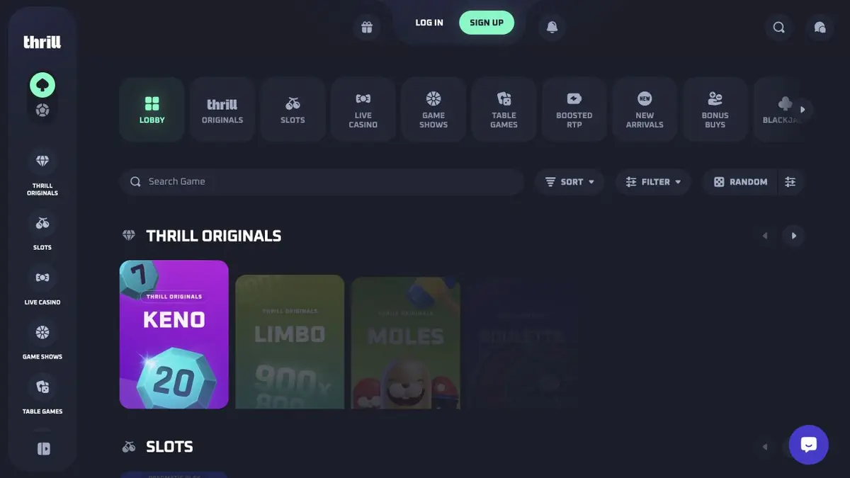 Oficiální rozhraní Thrill s kategoriemi Originals, automaty, živé kasino a sportovní sázky
